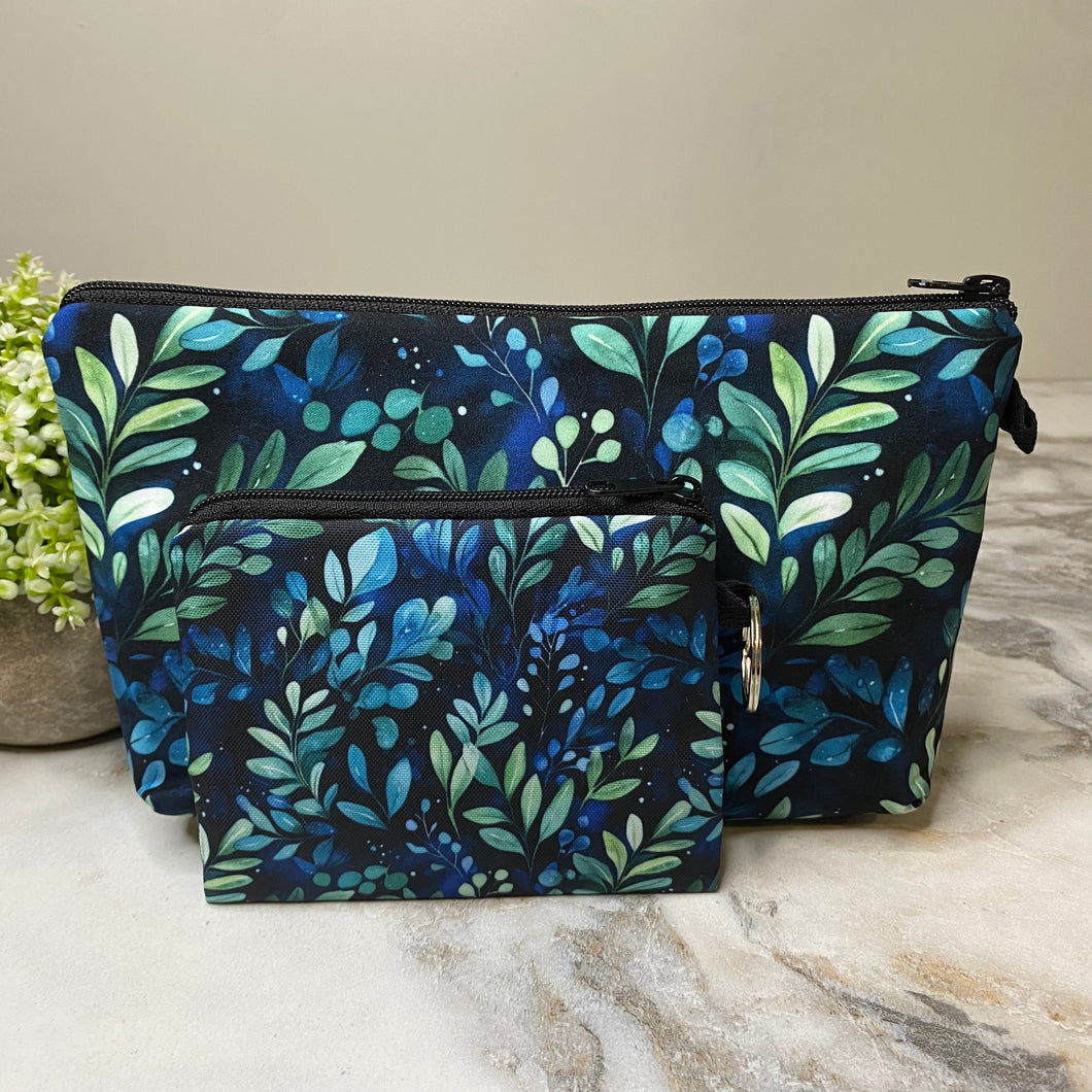 Pouch & Mini Pouch Bundled Set - Navy Green Leaves