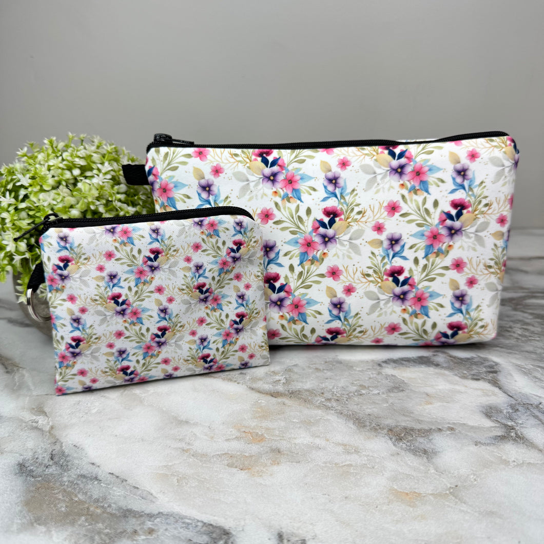 Pouch & Mini Pouch Bundled Set - Floral Vines Pink Purple Blue