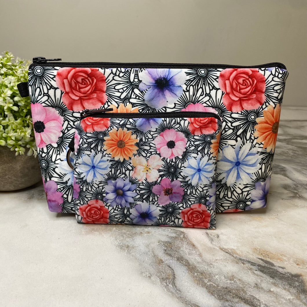 Pouch & Mini Pouch Bundled Set - Floral Black & White