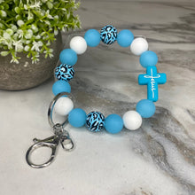 Load image into Gallery viewer, Silicone &amp; Wood Bracelet Keychain - Religious, Jesus, Light Blue
