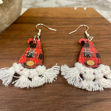 Load image into Gallery viewer, Wooden Dangle Earrings - Christmas Gnome Red Plaid Macrame Beard
