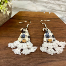 Load image into Gallery viewer, Wooden Dangle Earrings - Christmas Gnome White Plaid Macrame Beard
