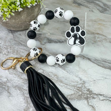 Load image into Gallery viewer, Silicone / Wood Bracelet Keychain - Paw B&amp;W
