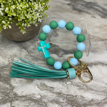 Load image into Gallery viewer, Silicone Bracelet Keychain - Jesus, Green &amp; Sky Blue
