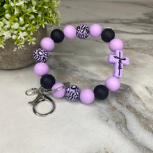 Load image into Gallery viewer, Silicone &amp; Wood Bracelet Keychain - Religious, Jesus, Purple
