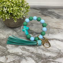 Load image into Gallery viewer, Silicone Bracelet Keychain - Jesus, Green &amp; Sky Blue
