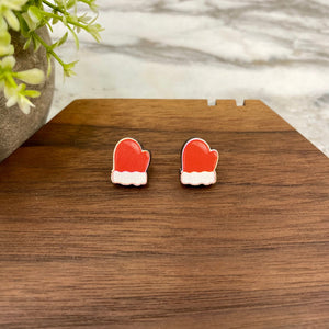 Wooden Stud Earrings - Christmas - Red Gloves