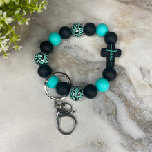 Load image into Gallery viewer, Silicone &amp; Wood Bracelet Keychain - Religious, Jesus, Black &amp; Teal
