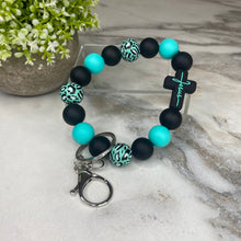Load image into Gallery viewer, Silicone &amp; Wood Bracelet Keychain - Religious, Jesus, Black &amp; Teal
