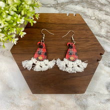 Load image into Gallery viewer, Wooden Dangle Earrings - Christmas Gnome Red Plaid Macrame Beard
