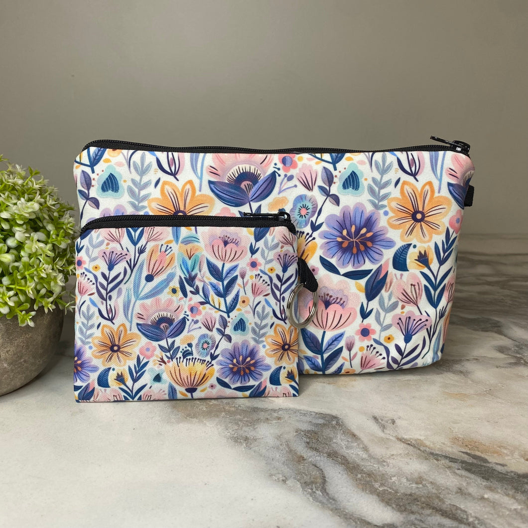 Pouch & Mini Pouch Bundled Set - Purple Blue Yellow Floral