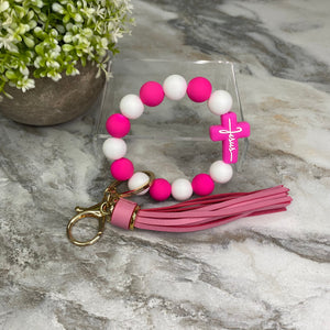 Silicone Bracelet Keychain - Jesus, White & Pink