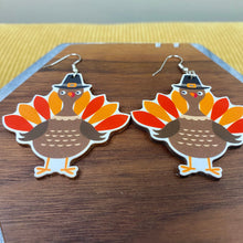 Load image into Gallery viewer, Wooden Dangle Earrings - Fall - Turkey with Hat
