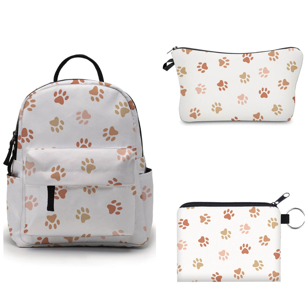 Mini Backpack, Pouch, & Mini Pouch Bundled Set - Dog Paw Tan