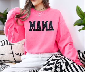 MAMA GLITTER EMBROIDERED PATCHES NEON PINK SWEATSHIRT