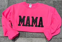 Load image into Gallery viewer, MAMA GLITTER EMBROIDERED PATCHES NEON PINK SWEATSHIRT
