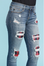 Load image into Gallery viewer, Red Plaid Patched Judy Blue Skinnies
